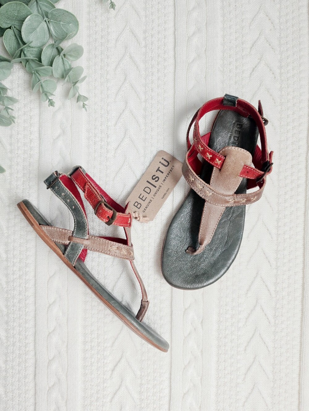 BED STU Moon Sandals Strappy Leather Shoes Multi Colorblock Tan Green 8.5 NEW